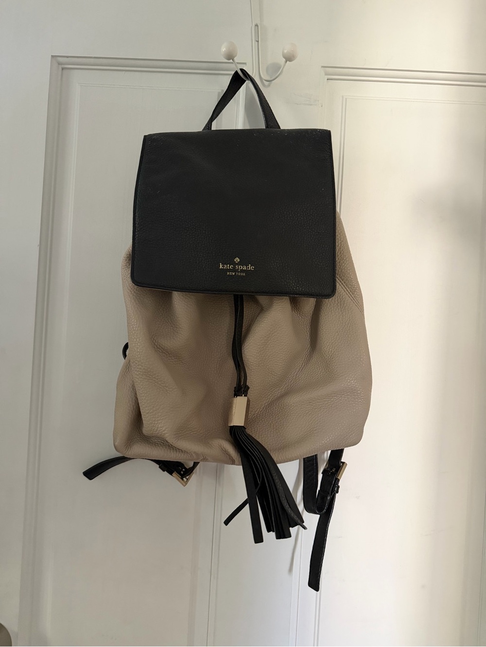 kate spade Black and Beige Leather Backpack with Tassel